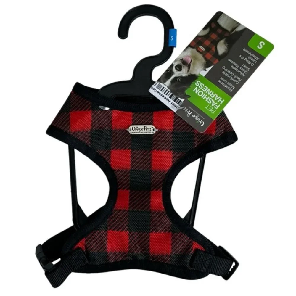 Unique Petz Dog Small Harness Adjustable Comfy Tartan Plaid Red Black SZ S